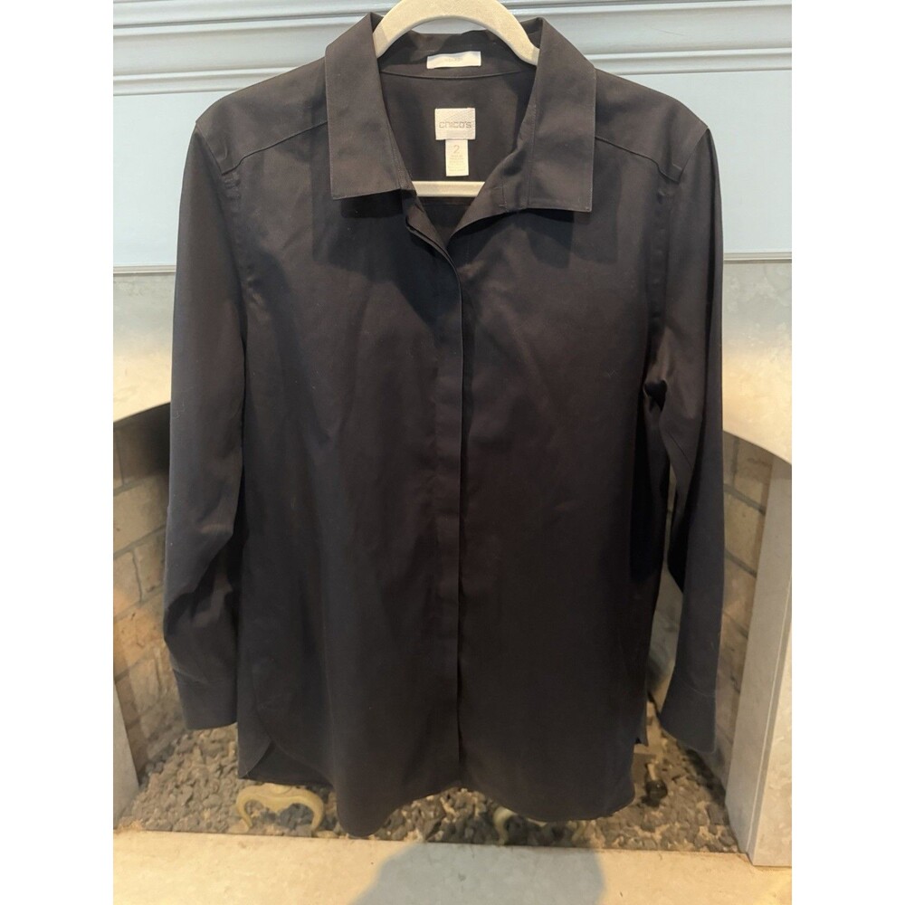 Chico’s No Iron Button Up Top Tunic Popover Work Career Black A - Size 2 Large